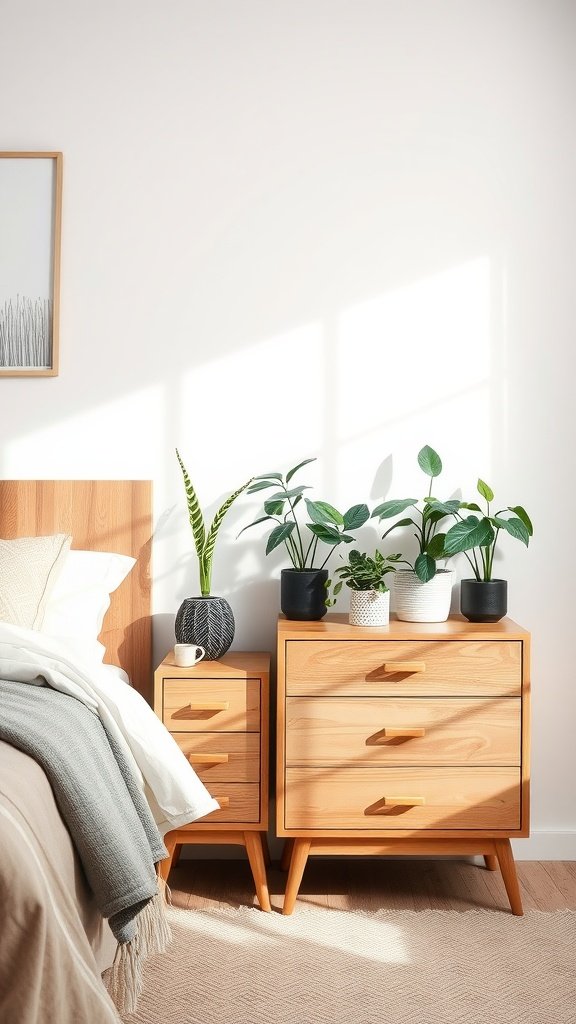 A cozy bedroom corner featuring wooden night tables and dressers with plants and decorative items.