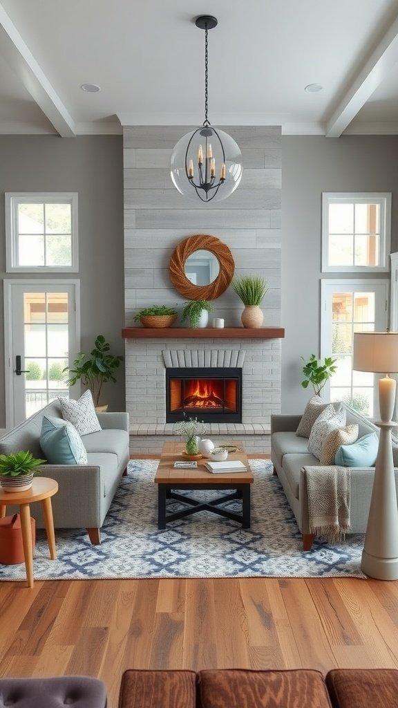 Modern farmhouse living room with grey walls, a fireplace, and cozy furniture.