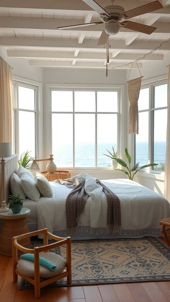 A bright boho bedroom with large windows overlooking the ocean, featuring a cozy bed, plants, and natural decor.
