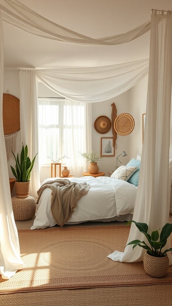 A bright bohemian bedroom alcove with white drapes, plants, and woven decor.