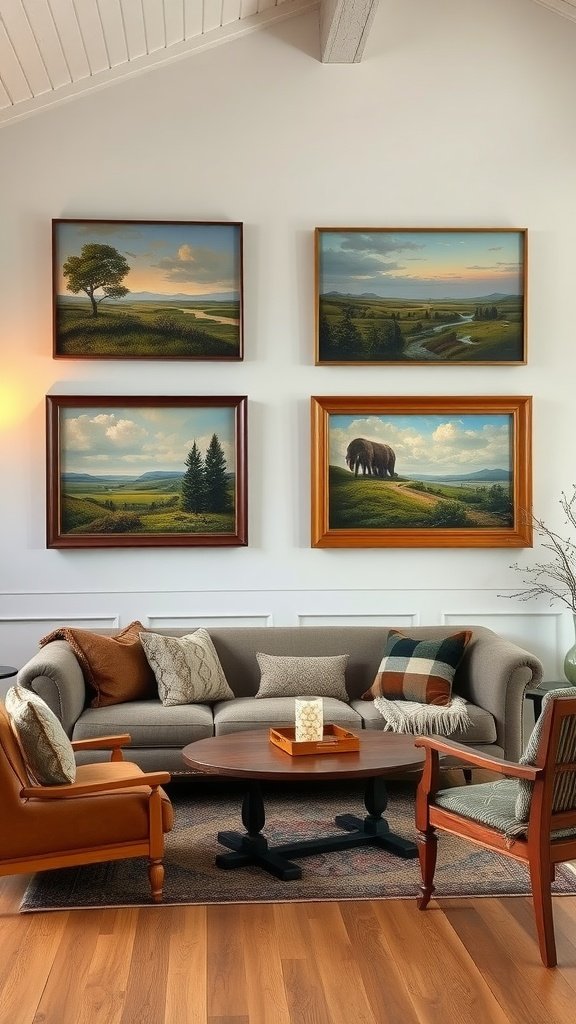 Cozy modern farmhouse living room featuring old-fashioned oil paintings of landscapes