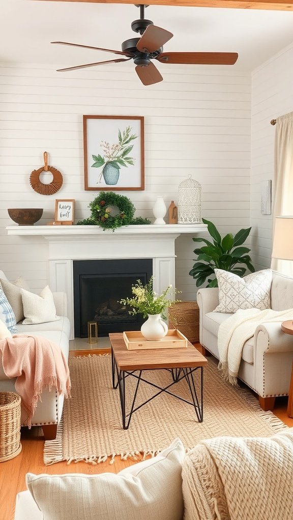 Cozy farmhouse living room with light sofas, wooden coffee table, and decorative elements.