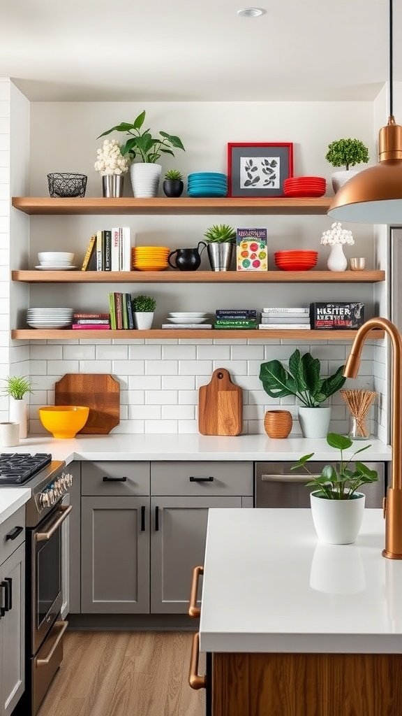 A modern kitchen with open shelving displaying colorful dishes, plants, and decor
