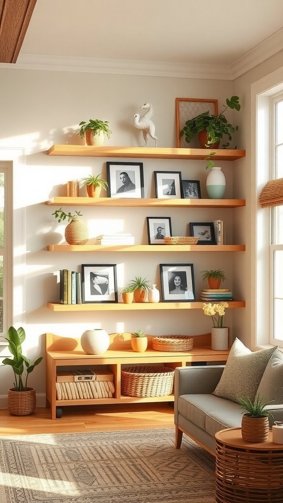 Living room with open shelving in natural wood tones, featuring plants, framed photos, and decorative items.