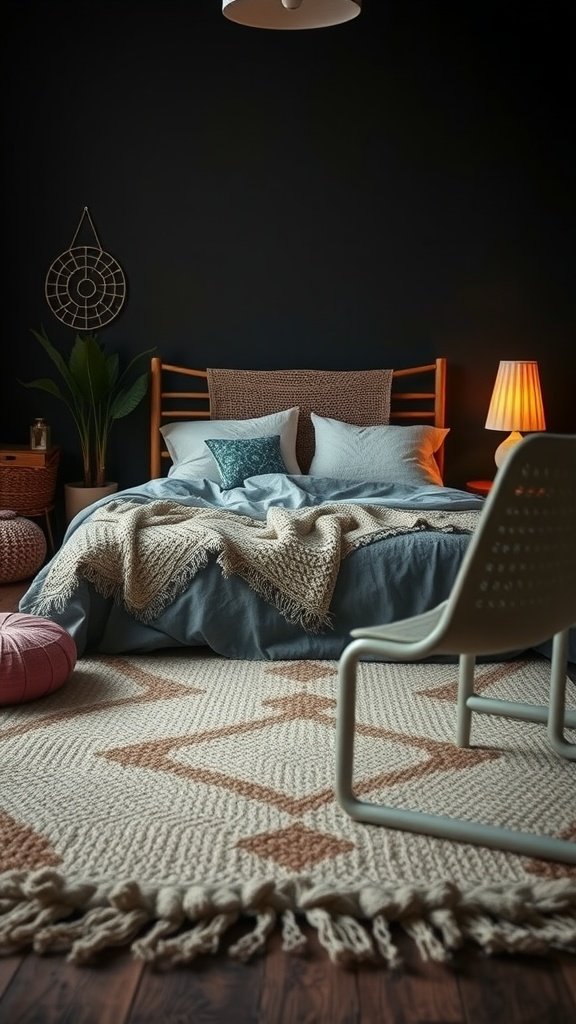 Cozy bedroom with a neutral, textured rug, dark walls, and a bohemian vibe.