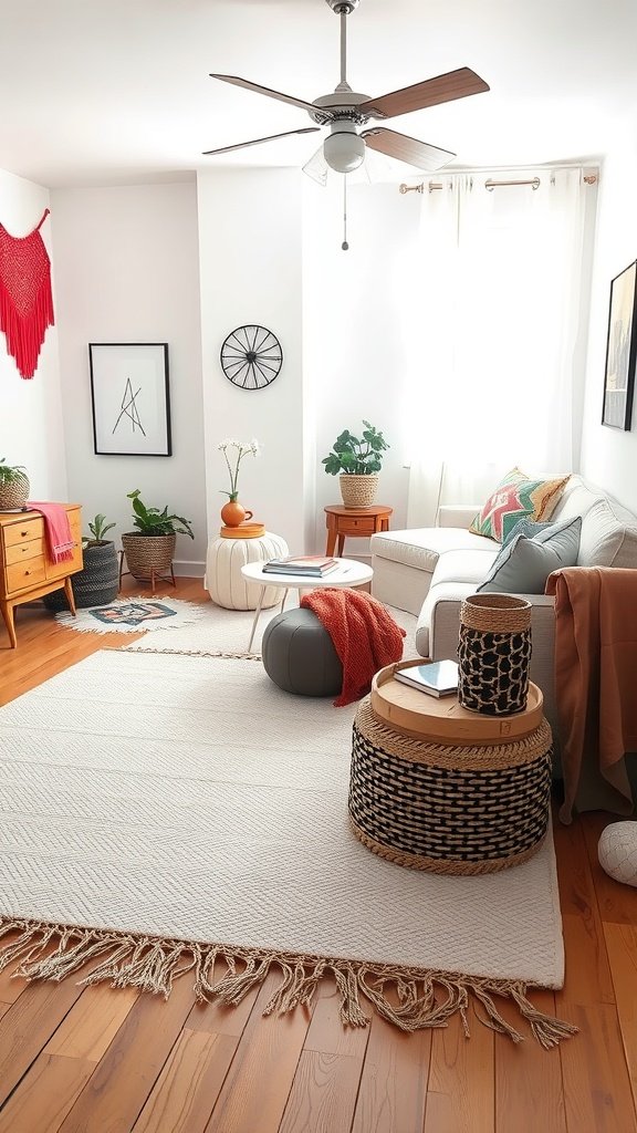 Cozy Boho bedroom featuring a neutral textured rug on wooden flooring, complemented by colorful decor.