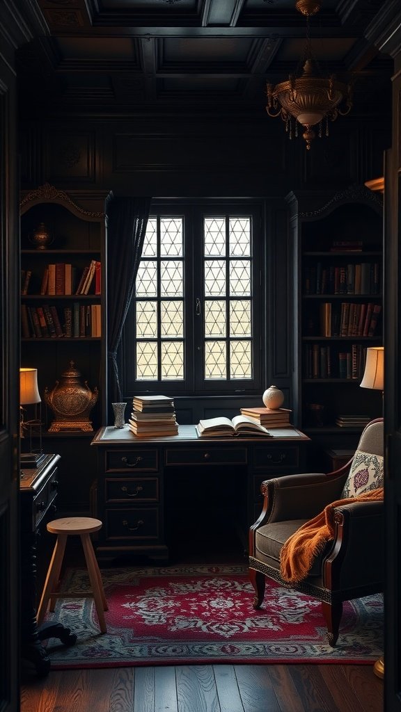 A cozy, scholarly corner featuring dark wood furniture, a desk with books, and an inviting armchair.