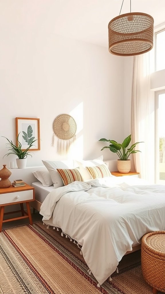 A bright and airy boho bedroom featuring light colors, plants, and natural materials.
