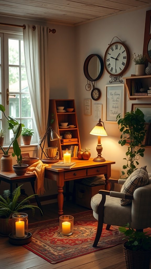 Cozy home office with soft lighting, plants, and warm decor elements.