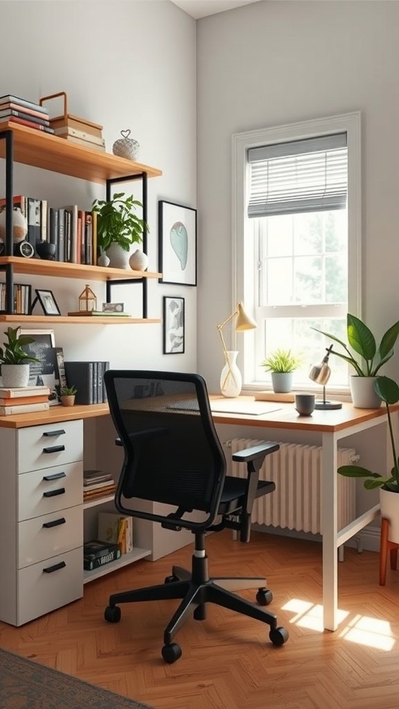 A well-organized small home office with a desk, chair, shelves, and plants.