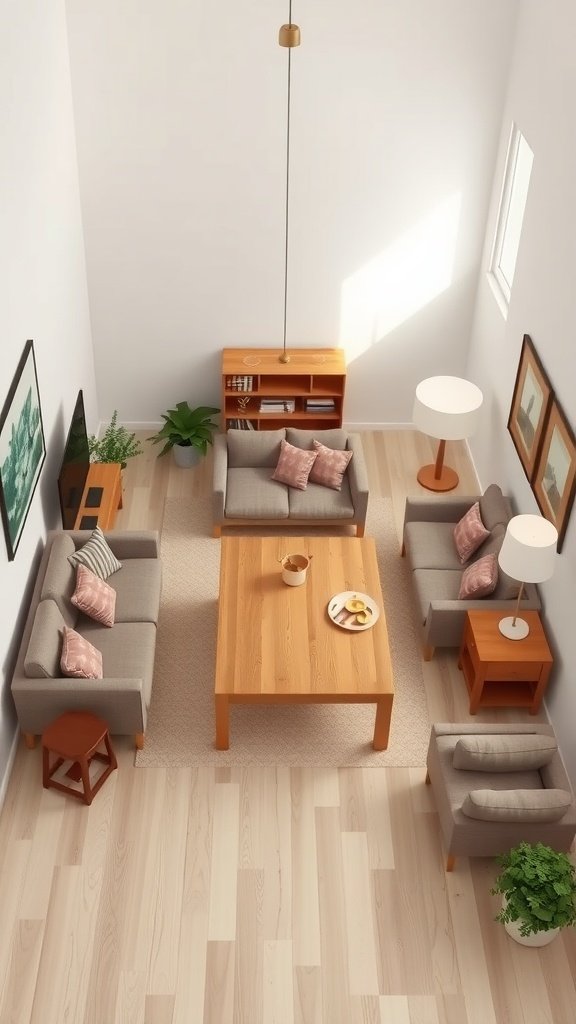 A cozy small living room with a well-organized layout, featuring a dining table in the center.