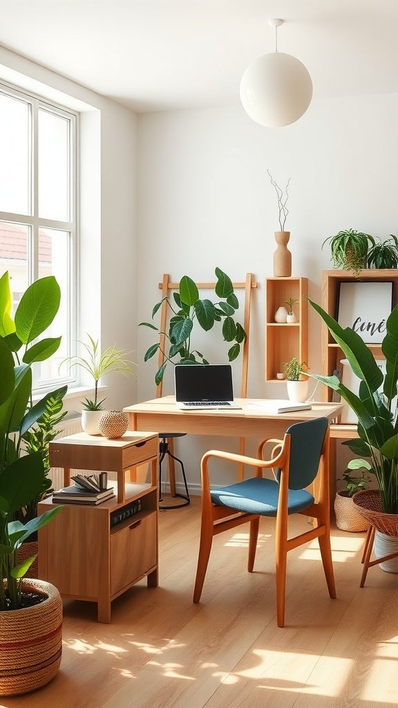 A bright, modern home office featuring plants, a wooden desk, and a comfortable blue chair.