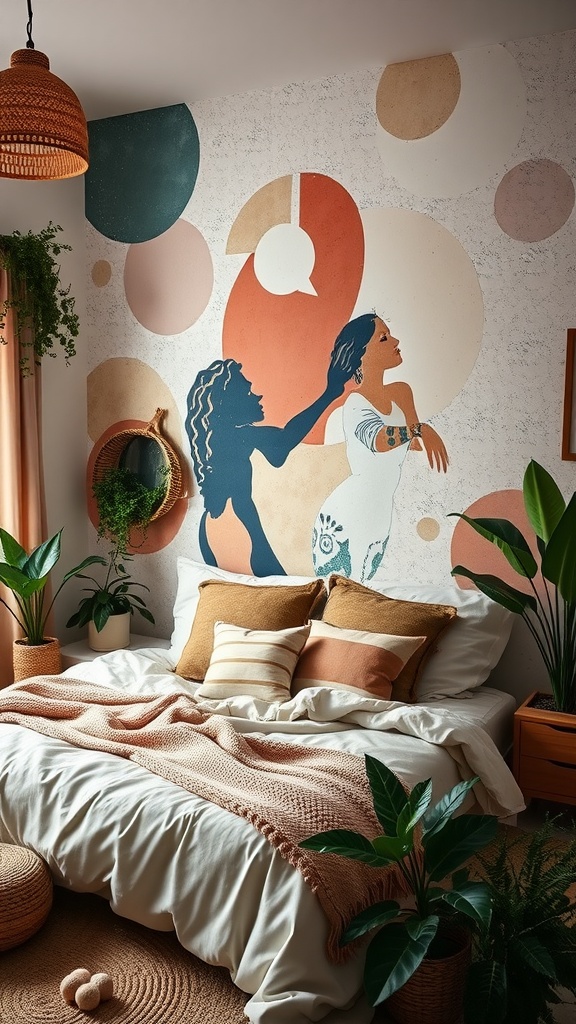 A boho-themed bedroom with an oversized abstract mural featuring silhouettes and colorful shapes.
