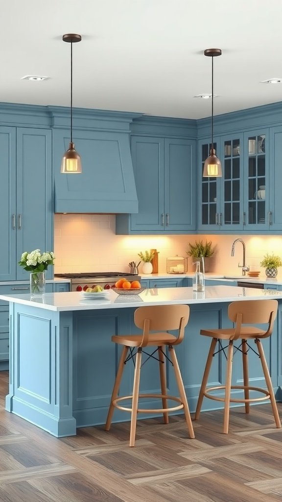 A kitchen peninsula painted in soothing blue with wooden bar stools and pendant lighting.