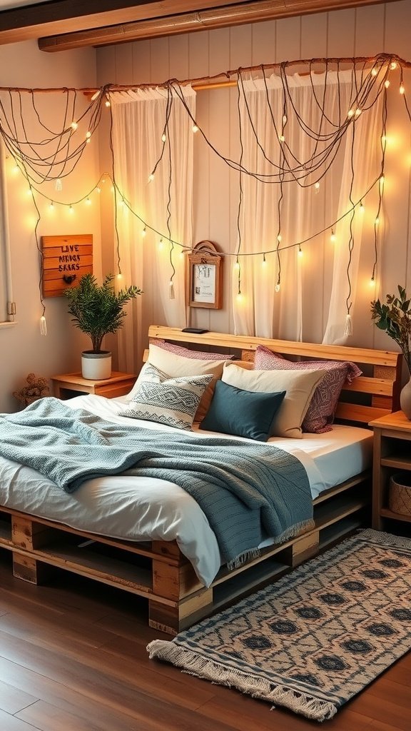 Cozy Boho bedroom featuring a pallet bed with string lights and decorative pillows.