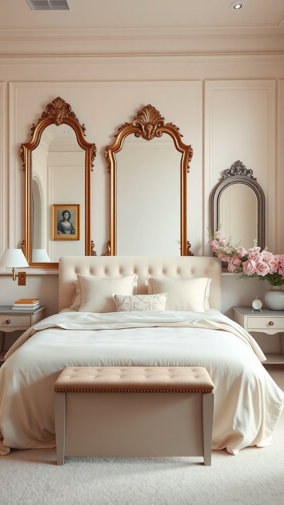 A master bedroom featuring soft pastels, antique mirrors, and a plush bed, creating an elegant and relaxing space.