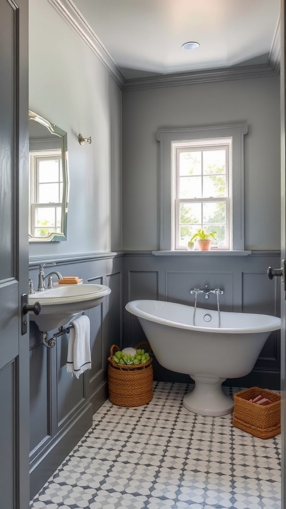 A stylish bathroom painted in Parma Gray with a white bathtub and patterned floor.