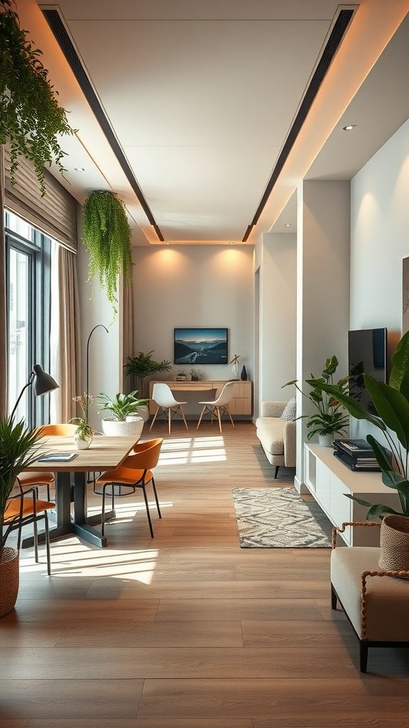 A stylish small living room layout with dining area featuring a spacious pathway.