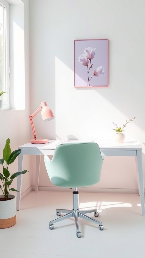 A minimalist home office setup featuring a mint green chair and a pink desk lamp with a floral artwork on the wall.