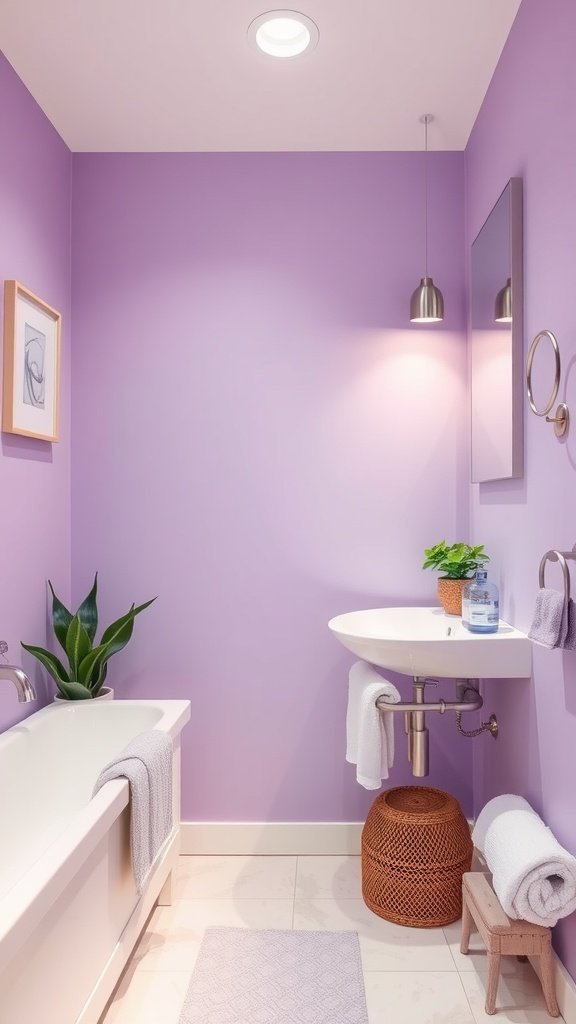 Small bathroom featuring pastel purple walls, white fixtures, and minimal decor