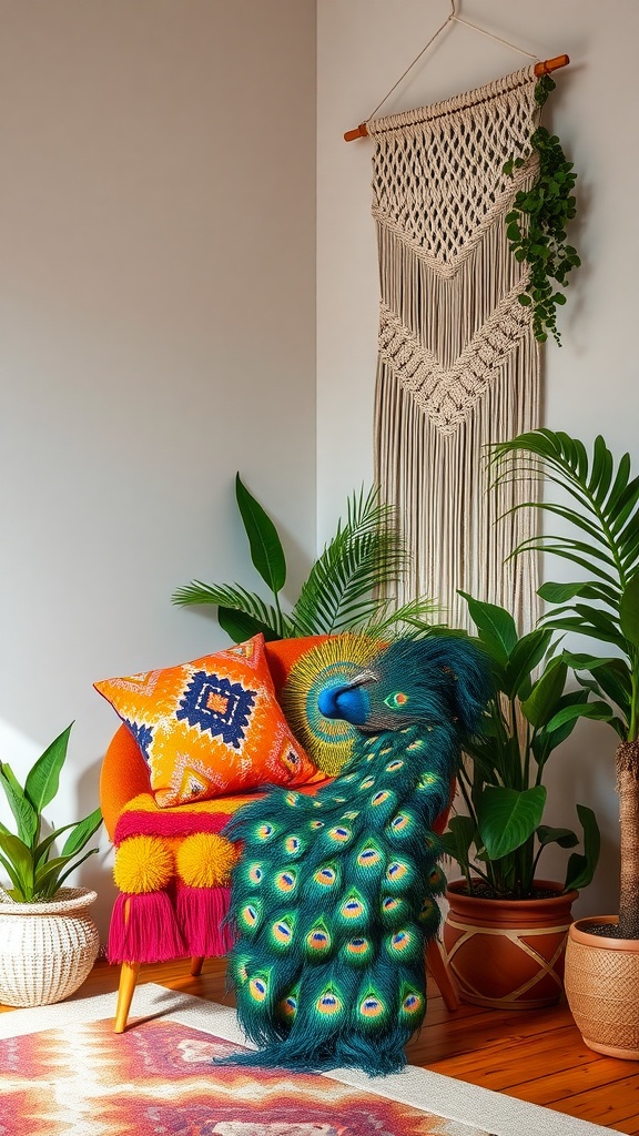 A cozy corner featuring a vibrant orange chair with colorful cushions, surrounded by green plants and a macramé wall hanging.