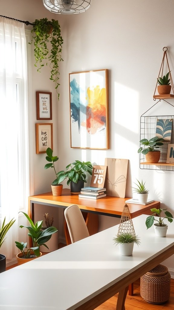 A bright home office with colorful artwork, plants, and a stylish desk.