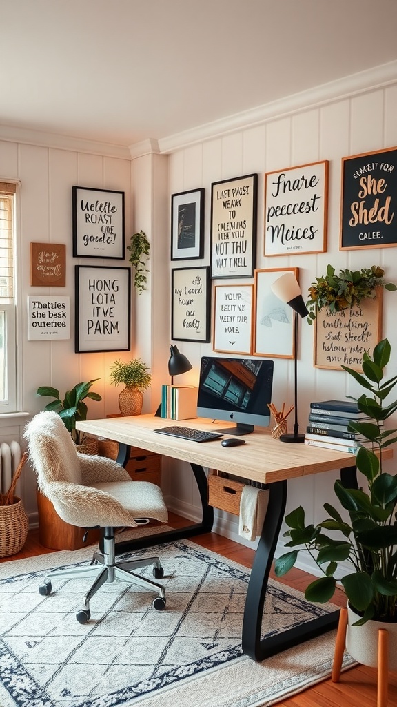 Cozy She Shed office featuring a wooden desk, motivational wall art, and green plants.