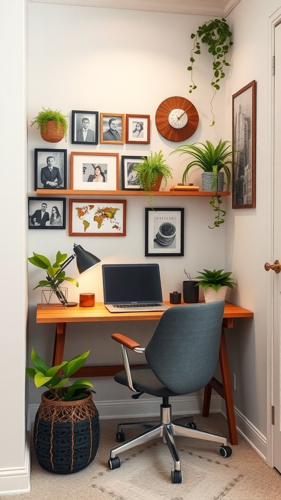 Cozy home office nook with plants and framed photos on the wall.