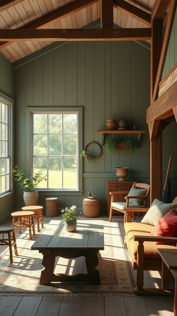 A cozy farmhouse interior with Pewter Green walls, wooden furniture, and natural decor.