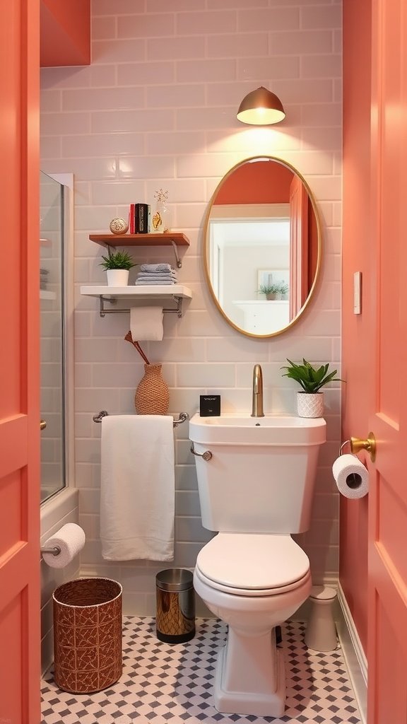 Stylish small bathroom with coral walls, round mirror, and open shelving