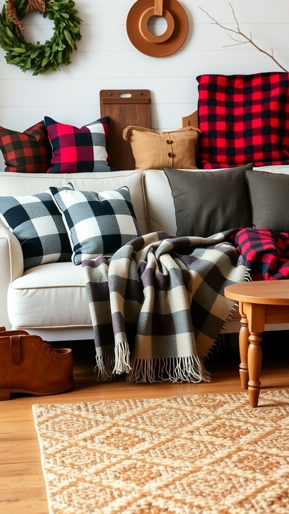 A cozy living room with plaid and checkered patterned pillows and a blanket on a white couch, accented with a natural rug and wooden decor.