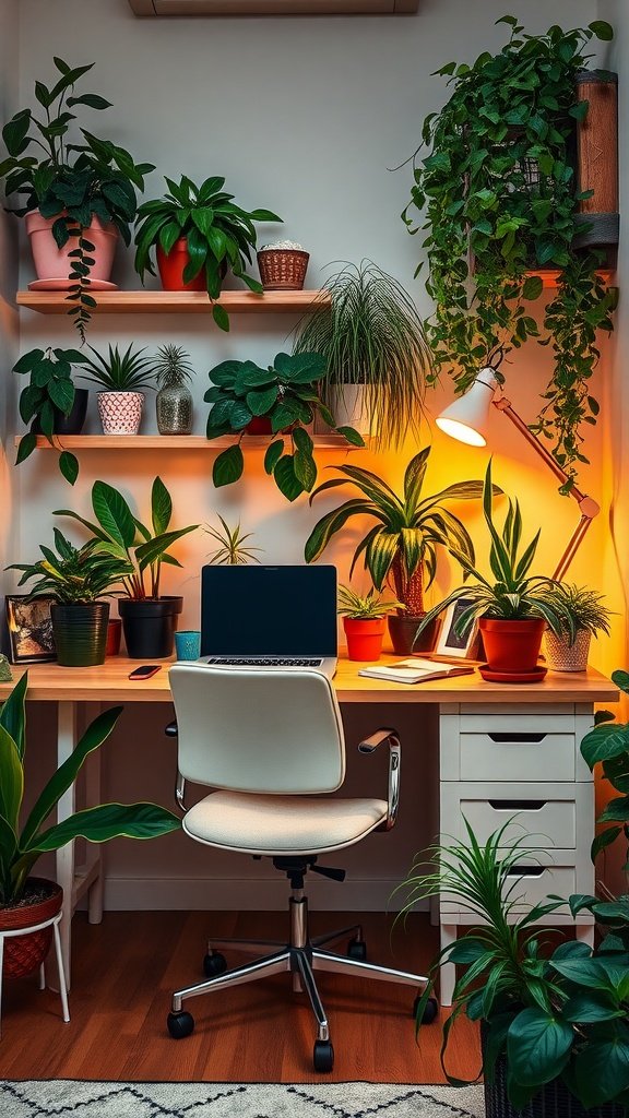 Cozy home office setup filled with various plants, featuring a wooden desk with a laptop, a comfortable chair, and warm lighting.