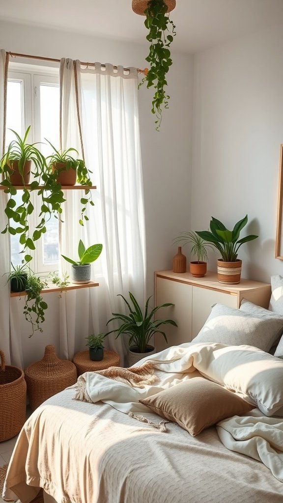A cozy bedroom with various indoor plants, soft bedding, and natural light.