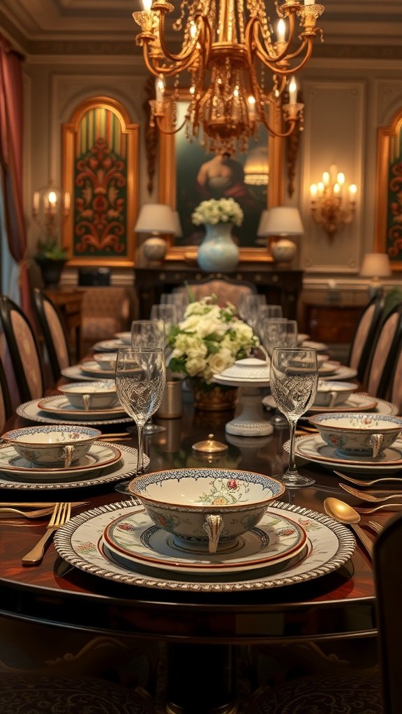 Luxurious Italian dining room with intricate ceramic plates and bowls elegantly set on the table.