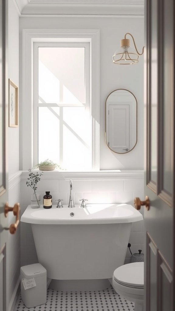 Small bright bathroom with white walls, a bathtub, and natural light