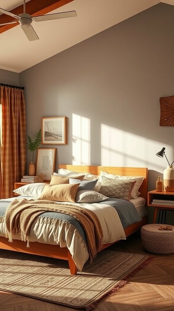 Cozy Boho Mid-Century Modern bedroom with warm lighting and layered textures