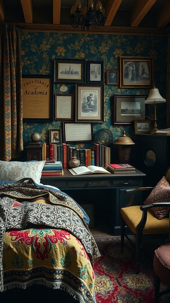 A cozy Dark Academia bedroom with floral wallpaper, layered bedding, and eclectic wall art.