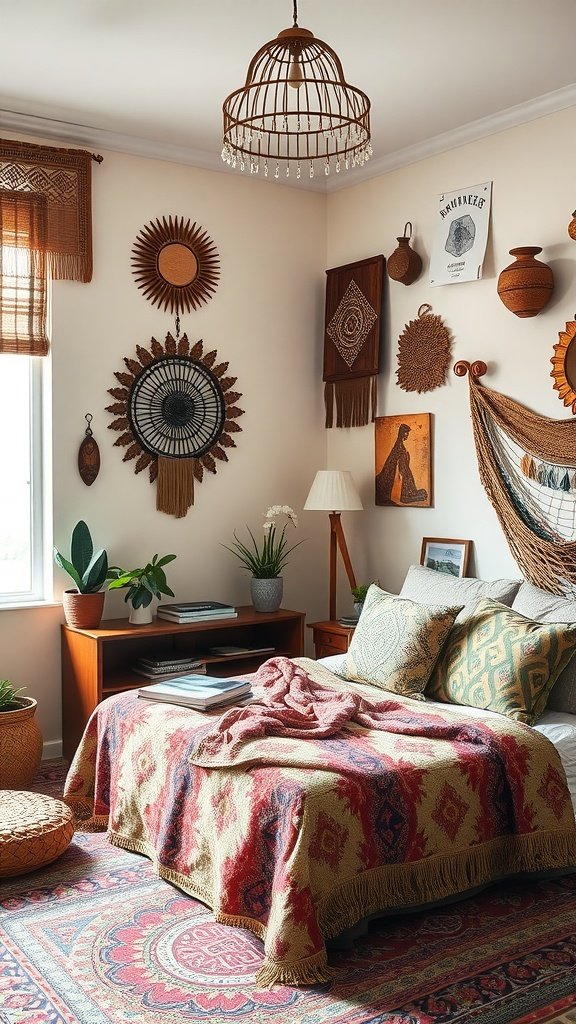 A cozy boho bedroom with patterned textiles and decorative wall hangings