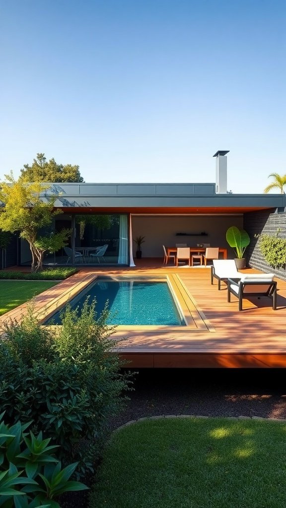 A modern house with a small integrated pool on a raised wooden deck, surrounded by greenery.