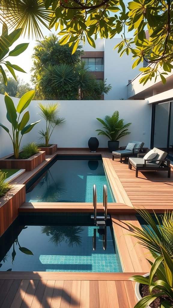 A modern home with a small pool integrated into a raised wooden deck, surrounded by greenery and lounge chairs.