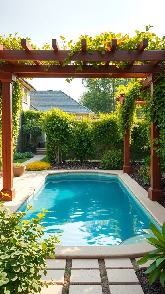 A small pool under a pergola with vines, surrounded by greenery and stone pathways.