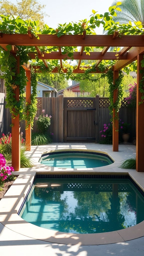A small pool area under a pergola covered in vines, surrounded by flowers and greenery.