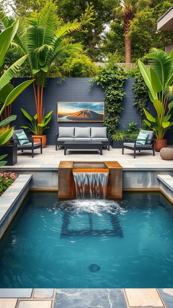 A modern pool featuring a waterfall surrounded by tropical plants and outdoor seating.
