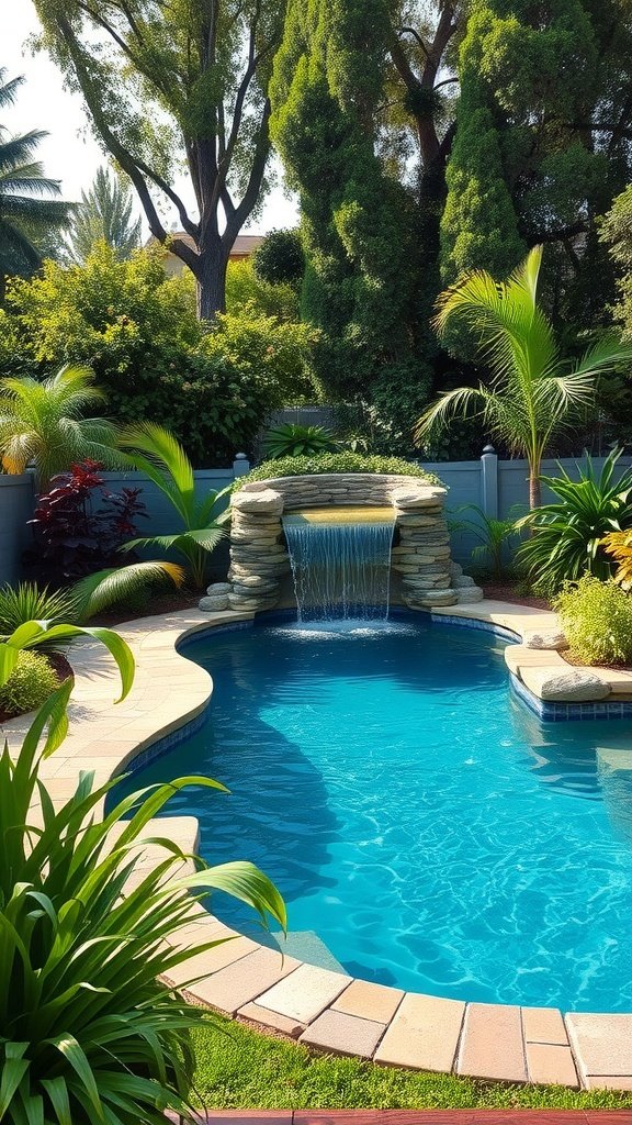 A small pool featuring a waterfall, surrounded by tropical plants and trees.