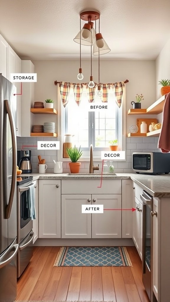 Image showing a small kitchen makeover with clear labels for before and after changes including storage and decor.