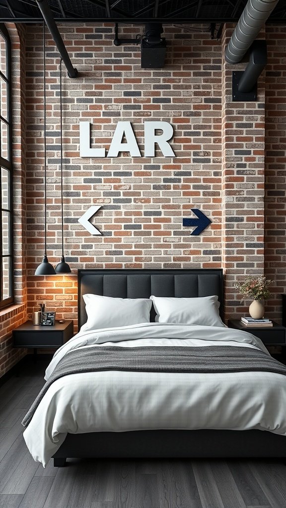 Modern industrial bedroom with exposed brick wall, black bed frame, and stylish lighting.