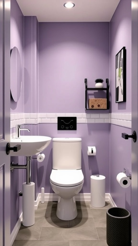 Very small bathroom featuring lilac walls, black and white accents, and efficient layout.