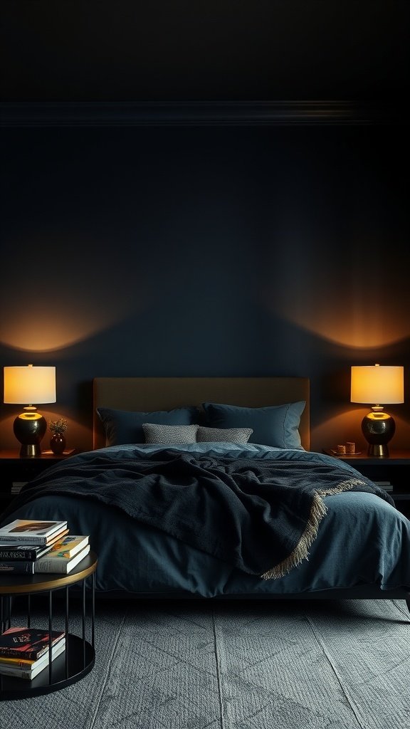 A dark and moody bedroom featuring a deep blue bedspread, ambient lighting from table lamps, and a sleek side table with books.