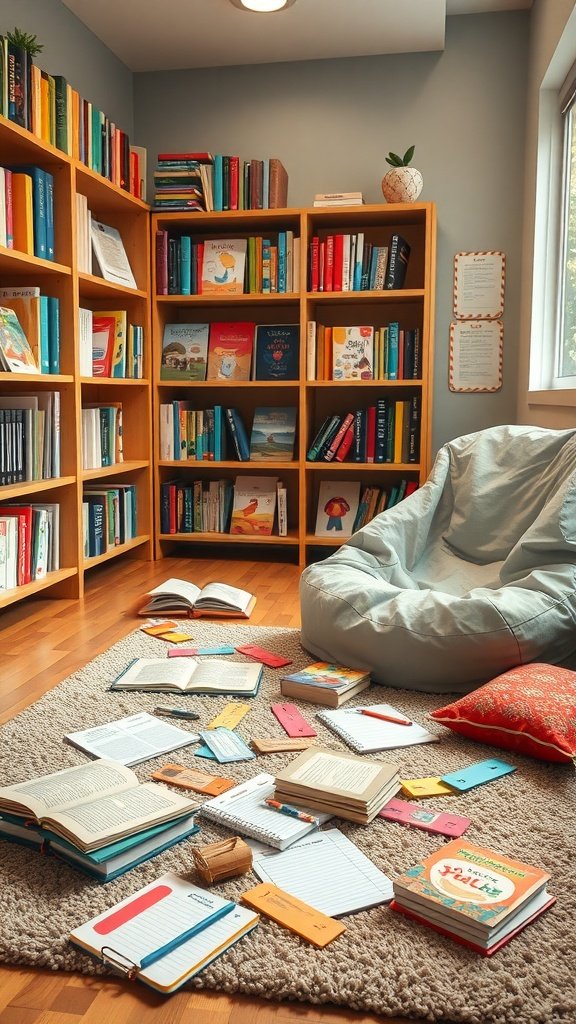 A cozy classroom reading corner with bookshelves, a bean bag chair, and various bookmarks and journals spread on the floor.
