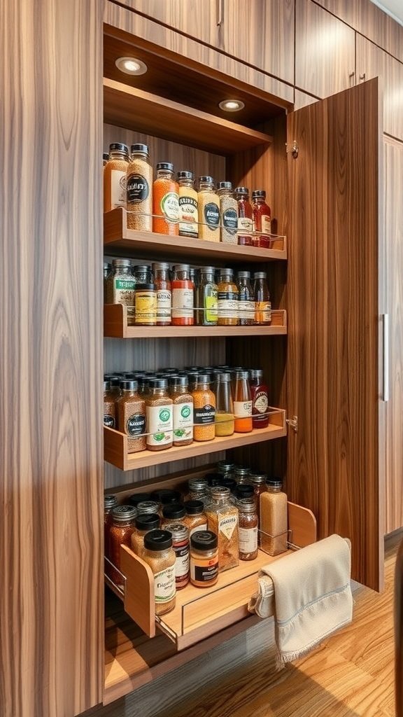 A pull-out spice rack featuring multiple shelves filled with various spice jars and a cozy, wooden cabinet design.